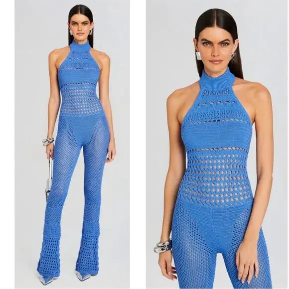 RETROFETE Kalena Knit Crochet Tropical Blue Flared Jumpsuit Size Small - Picture 3 of 10
